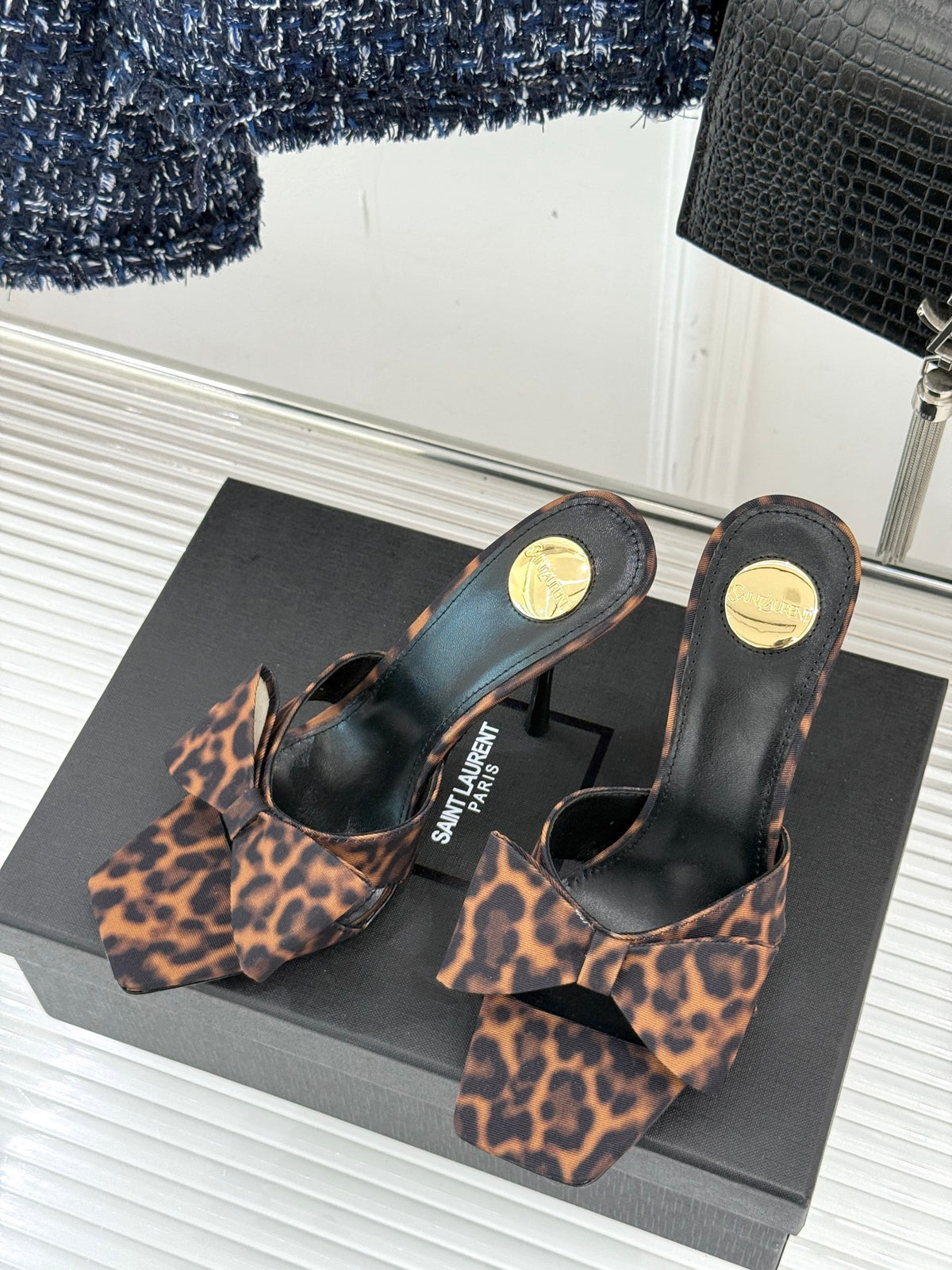 Leopard Bow High Heel Slide Sandals