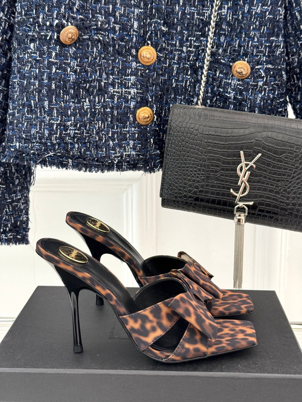 Leopard Bow High Heel Slide Sandals