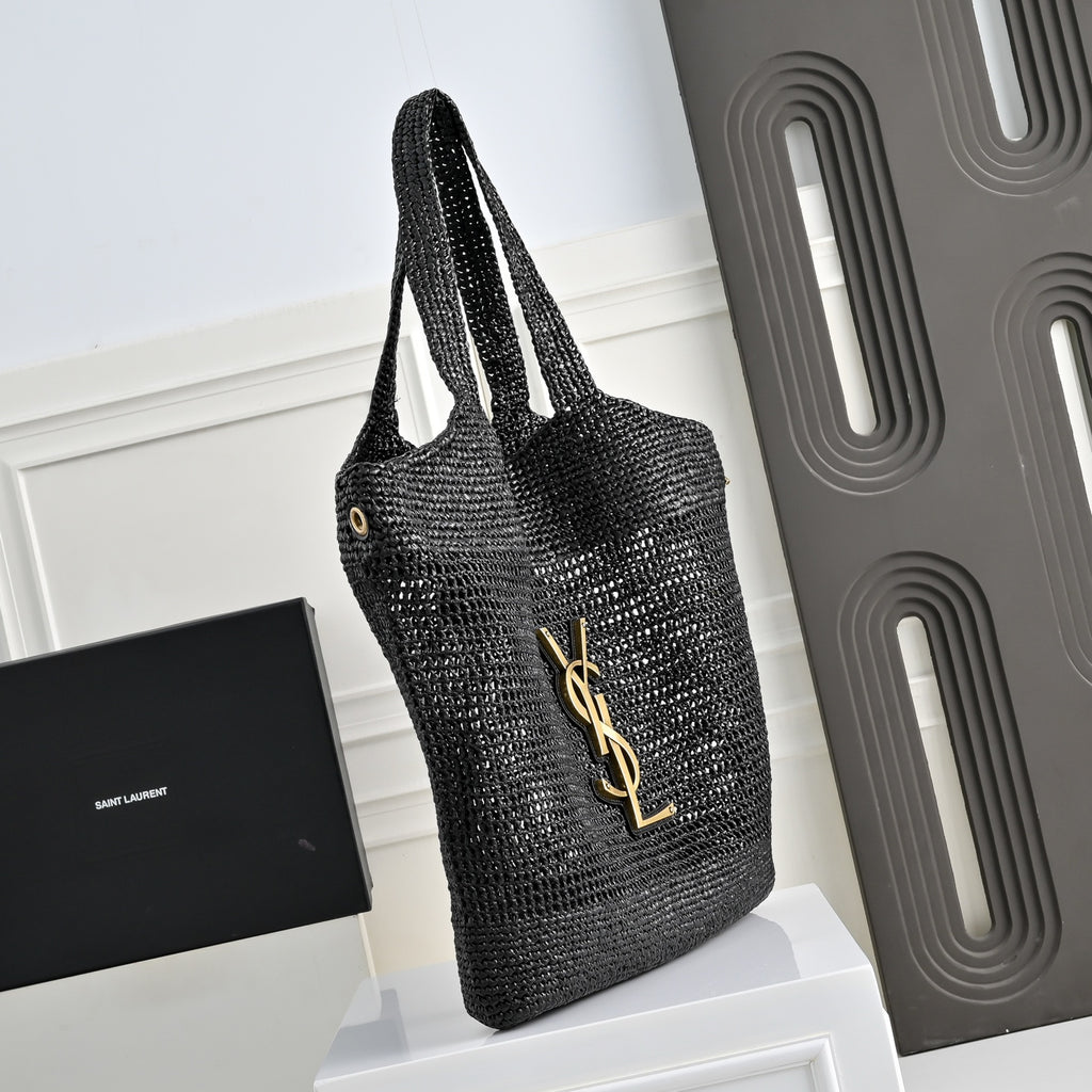 Luxury Black Woven Raffia Shopping Tote
