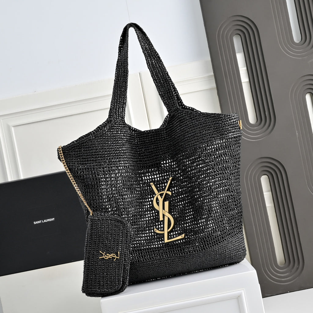 Luxury Black Woven Raffia Shopping Tote