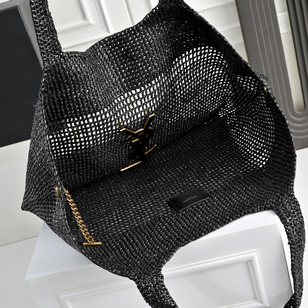 Luxury Black Woven Raffia Shopping Tote