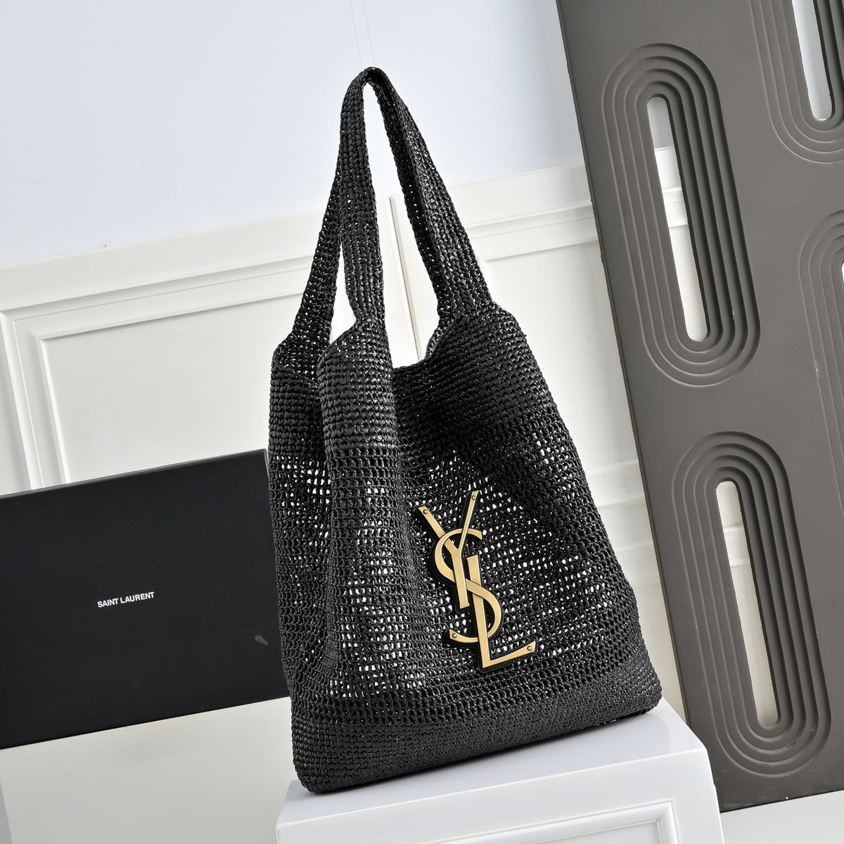 Luxury Black Woven Raffia Shopping Tote